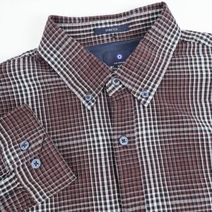 Ben Sherman Stretch Plaid Button Down Shirt Mens Long Sleeve‎ Brown Size L